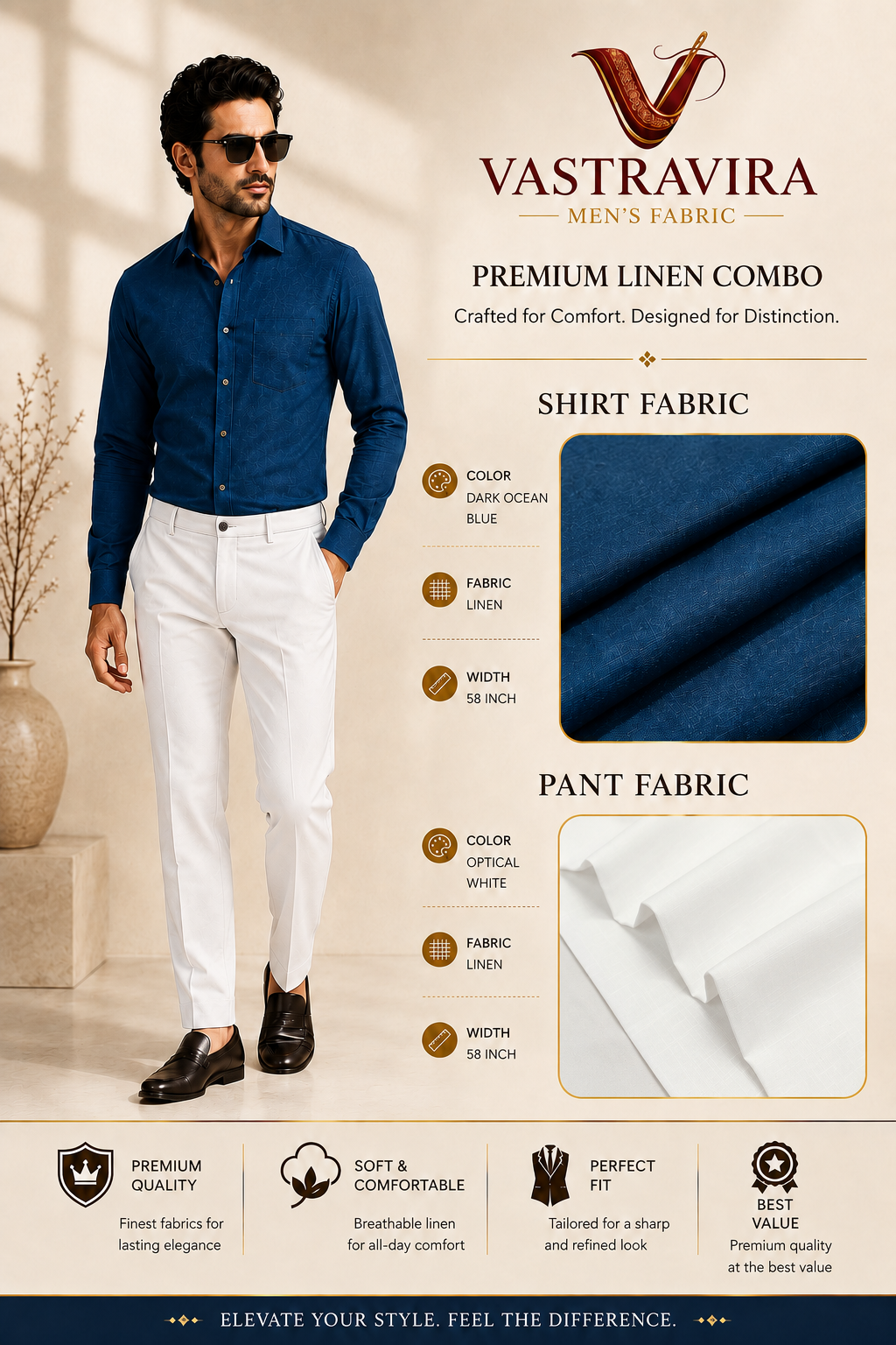 Dark Ocean Blue & Optical White Linen Combo Fabric for Men