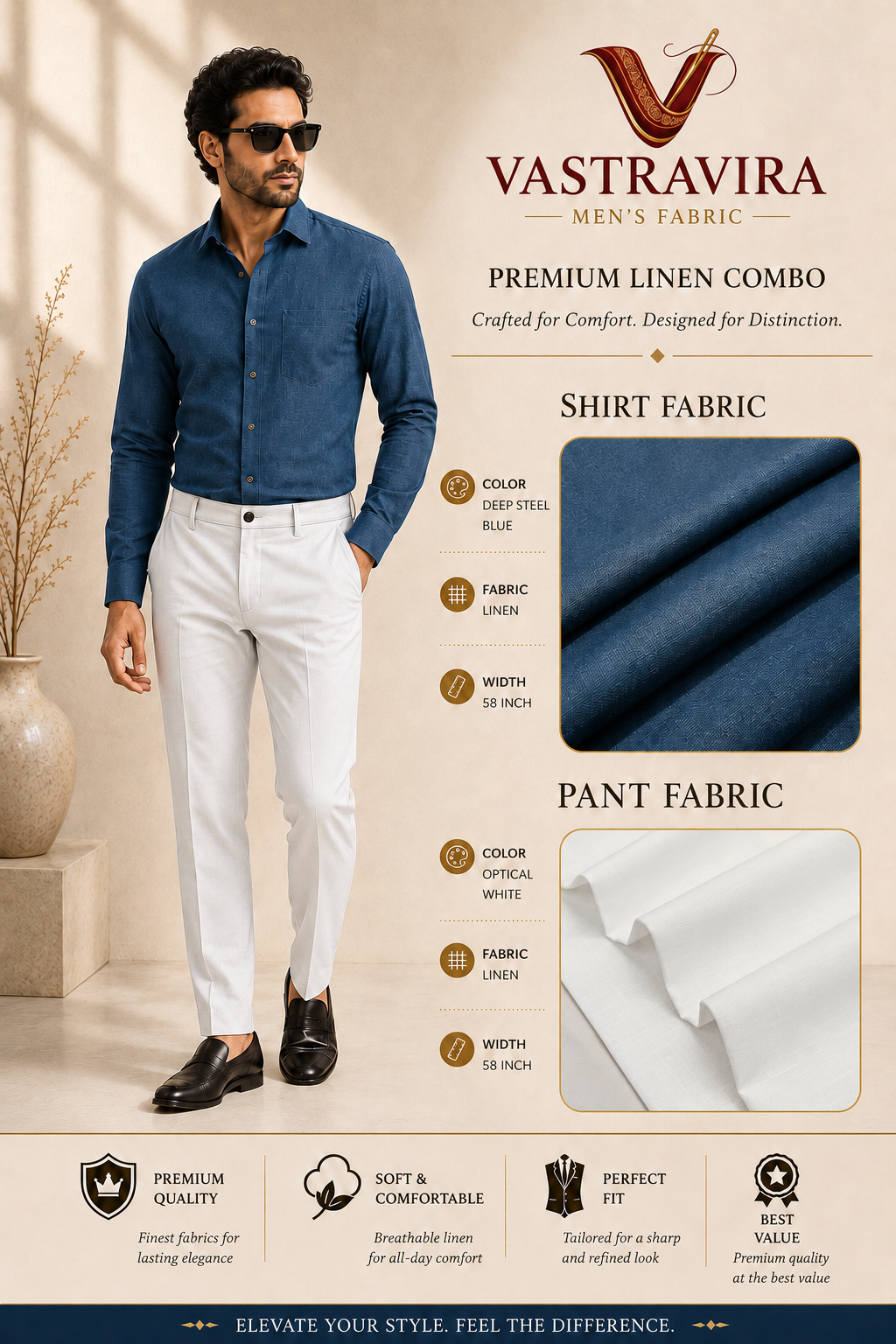 Deep Steel Blue & Optical White Linen Combo Fabric for Men