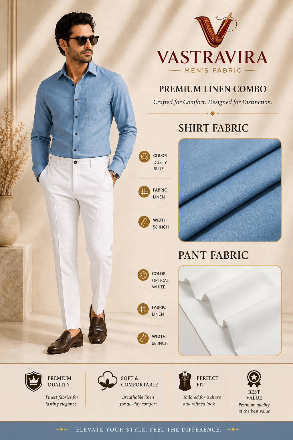Dusty Blue & Optical White Linen Combo Fabric for Men