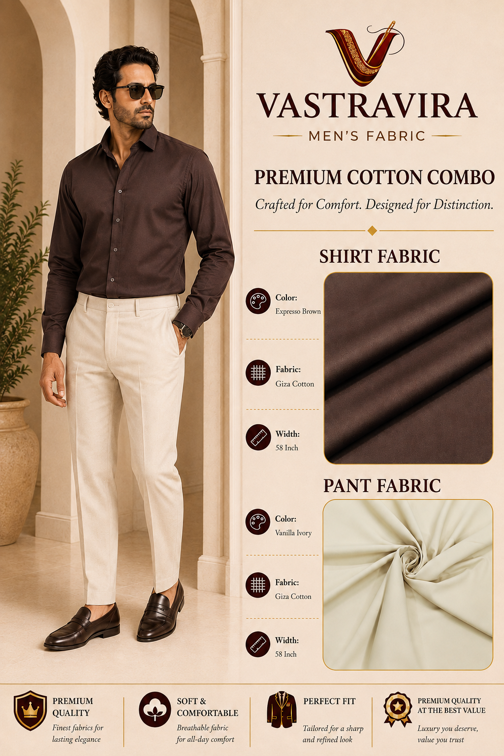 Expresso Brown & Vanilla Ivory Cotton Combo Fabric