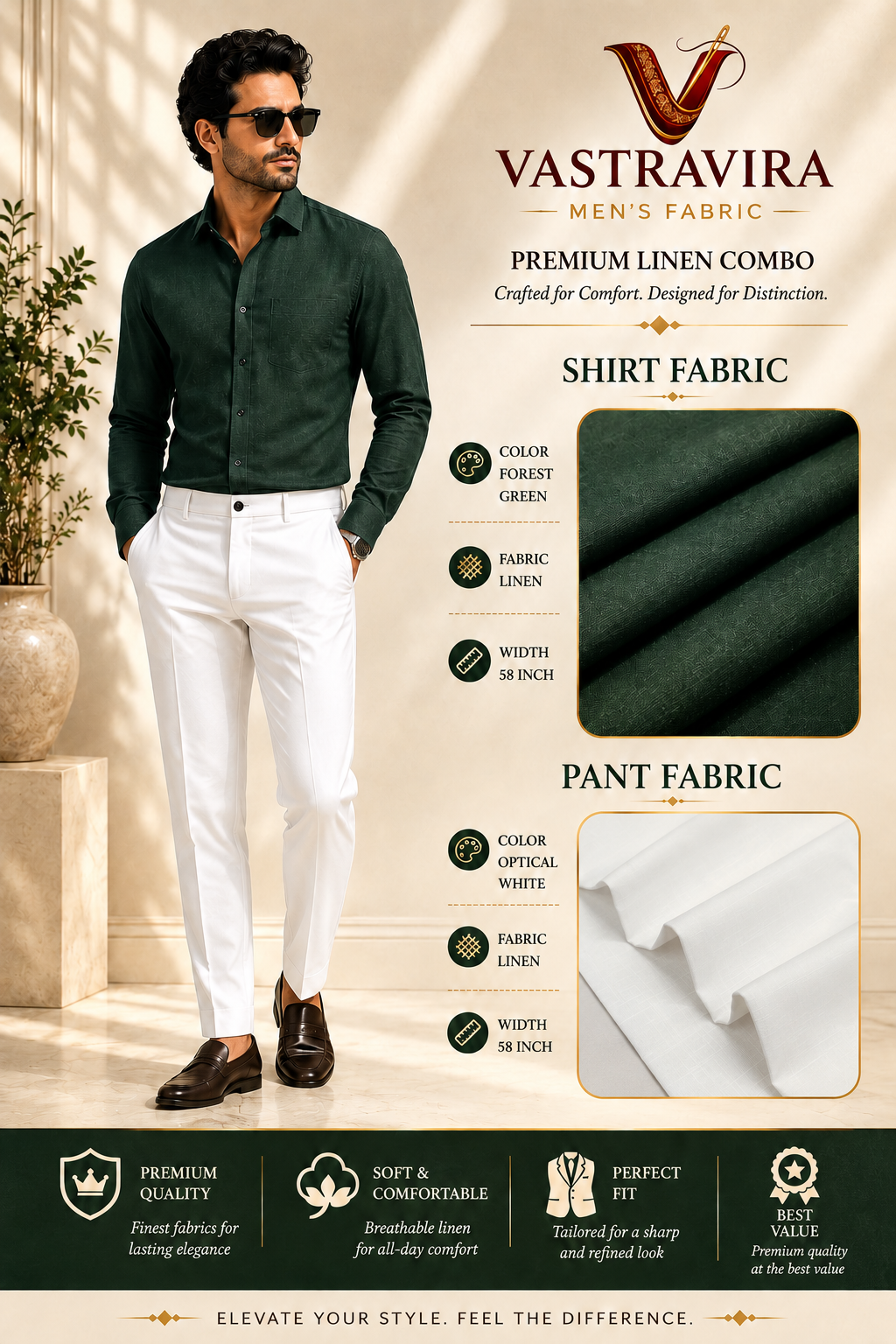 Forest Green & Optical White Linen Combo Fabric for Men