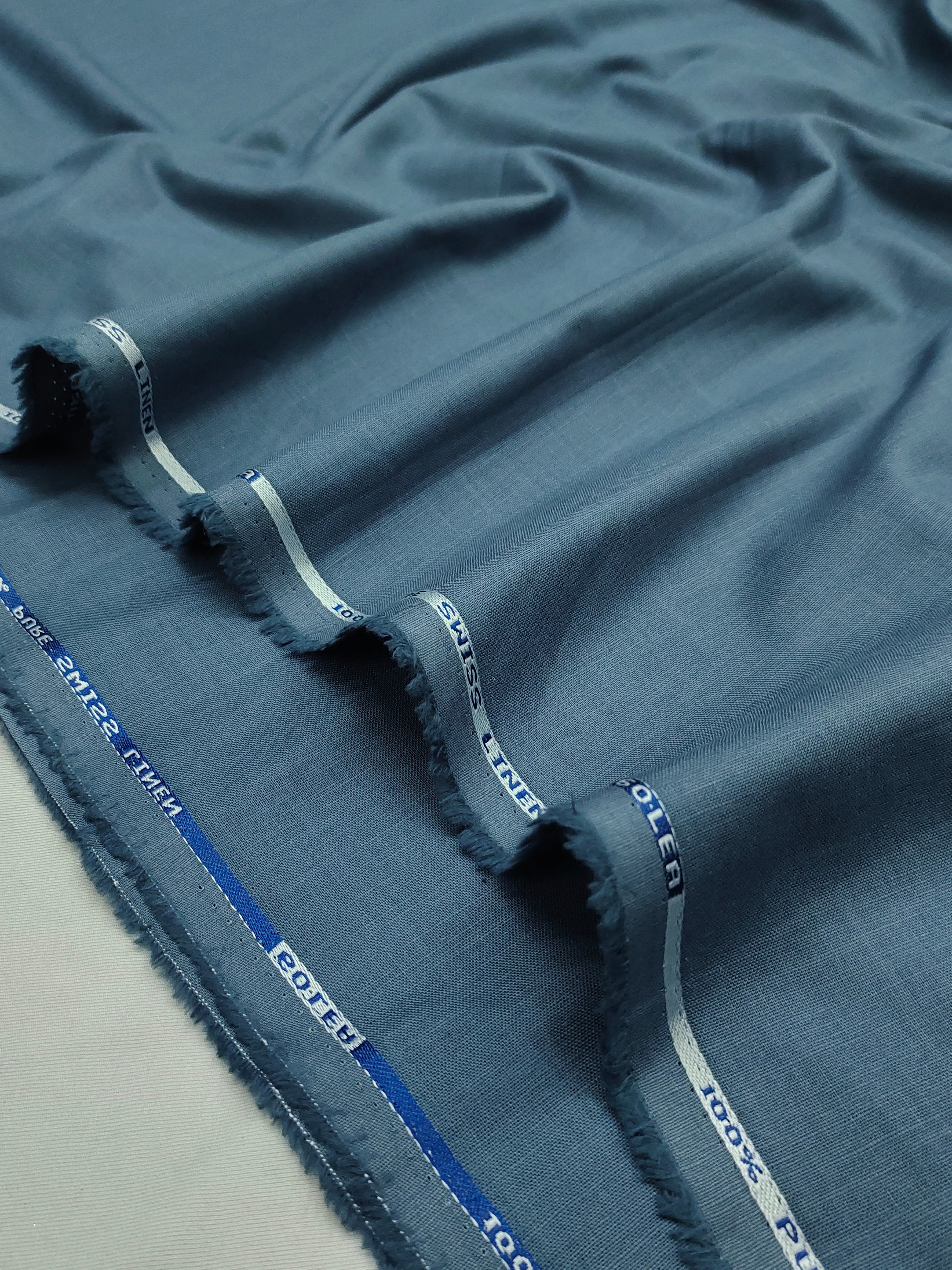 Deep Steel Blue & Optical White Linen Combo Fabric for Men