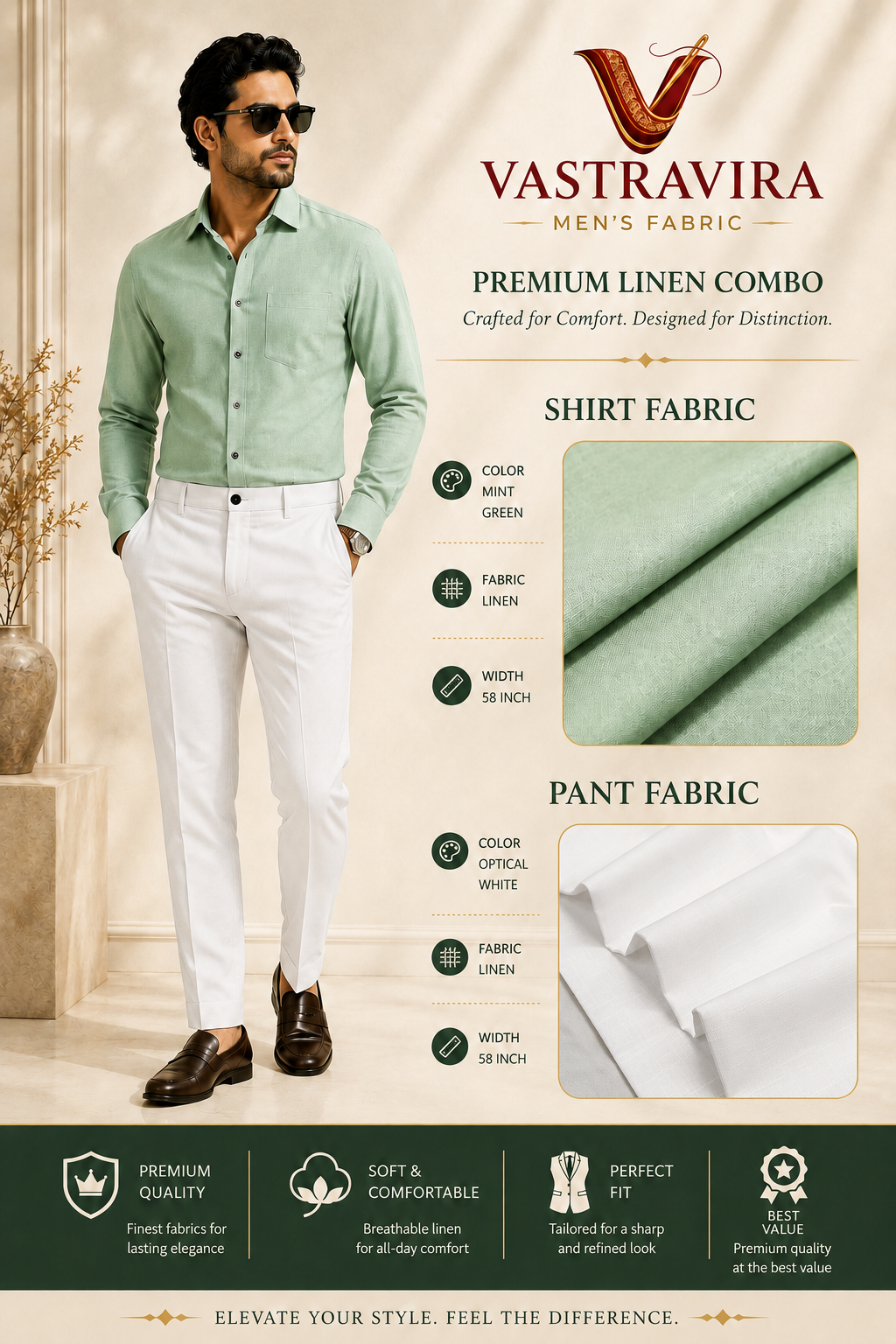 Mint Green & Optical White Linen Combo Fabric for Men