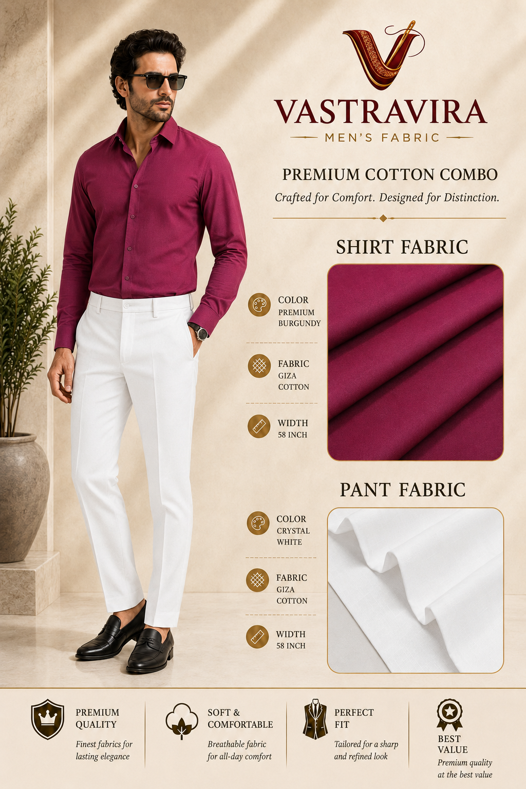Premium Burgundy & Crystal White Cotton Combo Fabric for Men