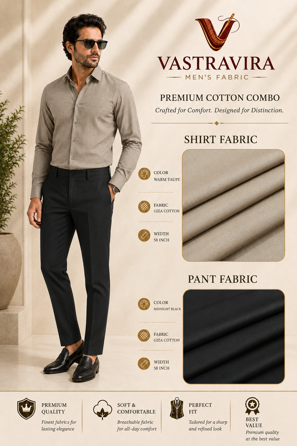 Premium Warm Taupe & Midnight Black Cotton Combo