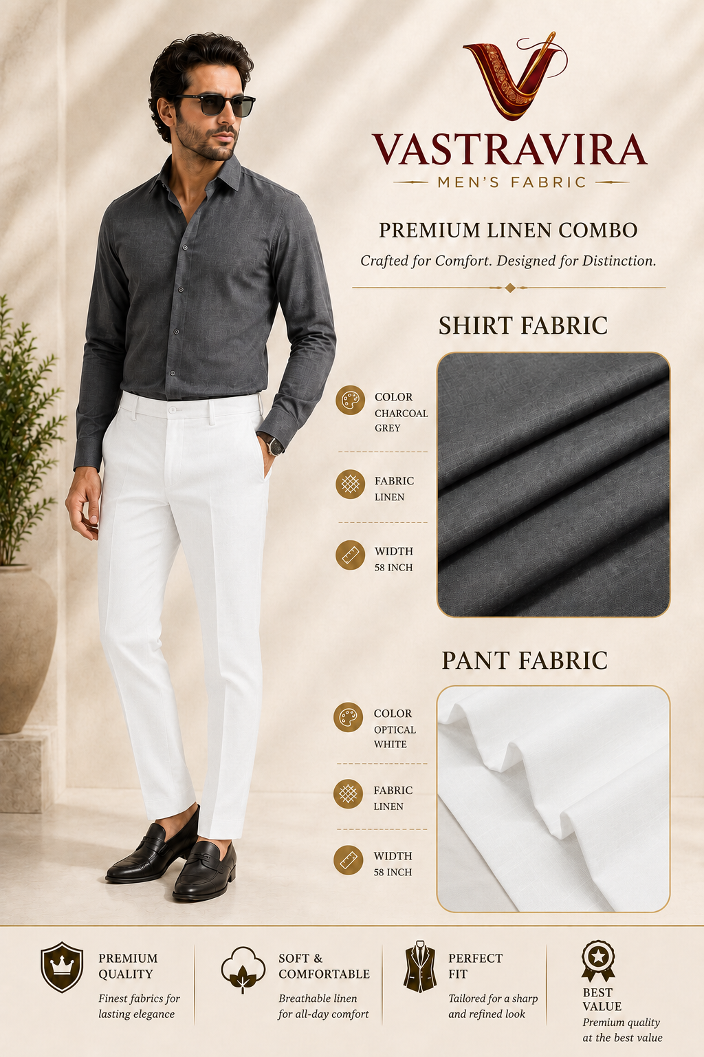 Charcoal Grey & Optical White Linen Combo Fabric for Men