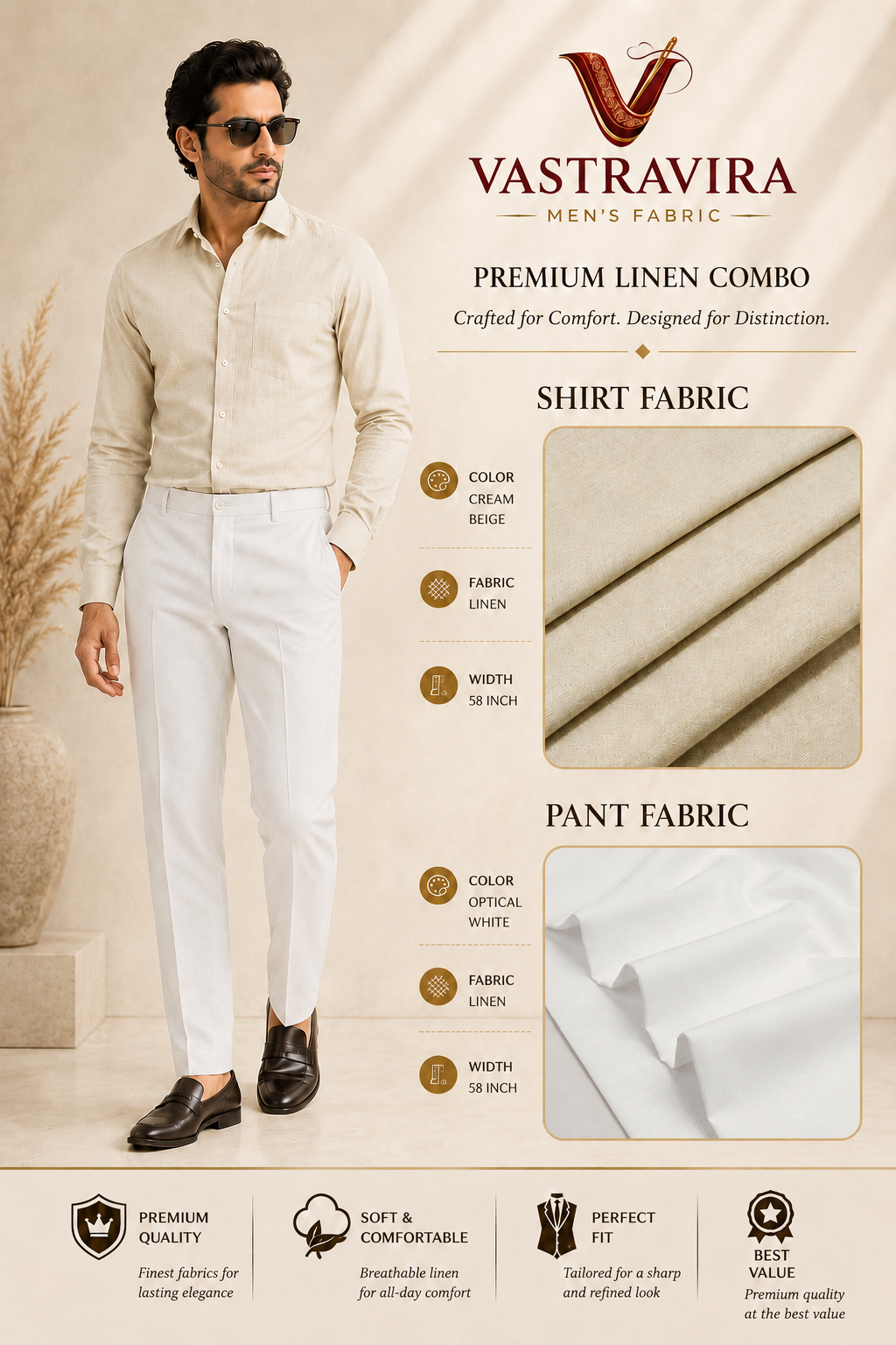 Cream Beige & Optical White Linen Combo Fabric for Men