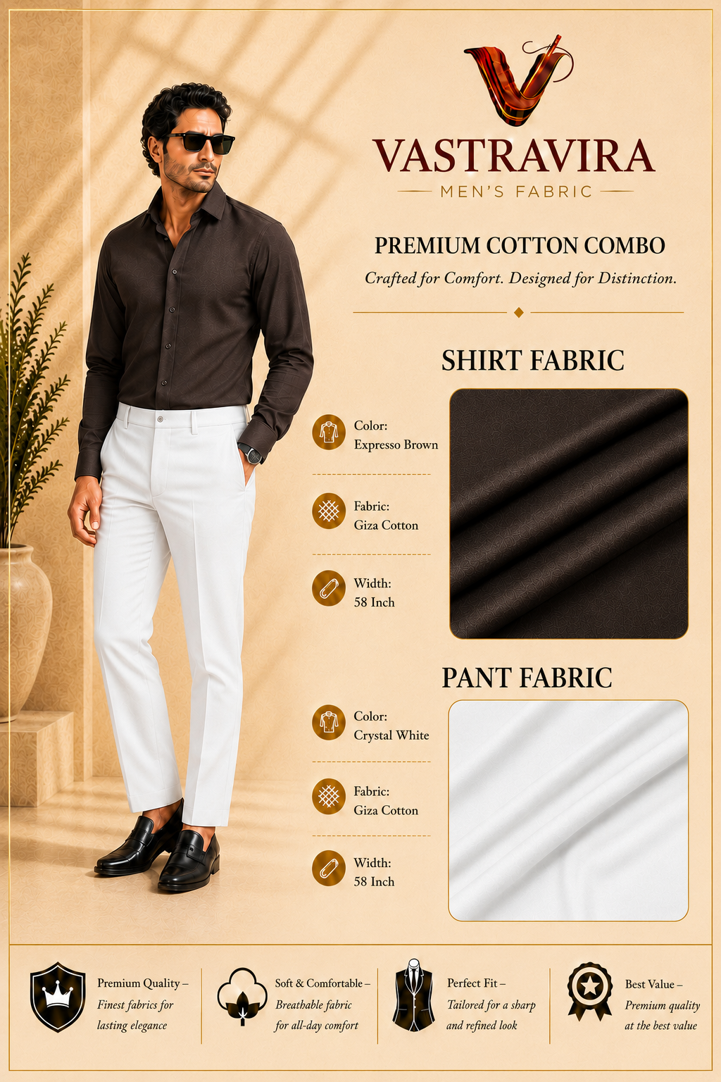 Expresso Brown & Crystal White Cotton Combo Fabric
