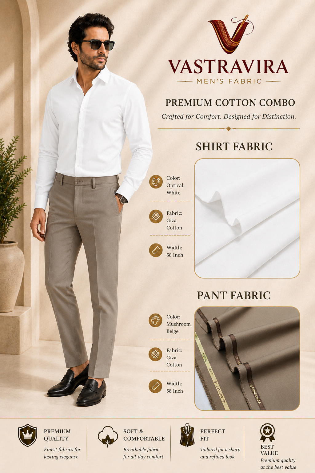 Optical White & Mushroom Beige Cotton Combo Fabric