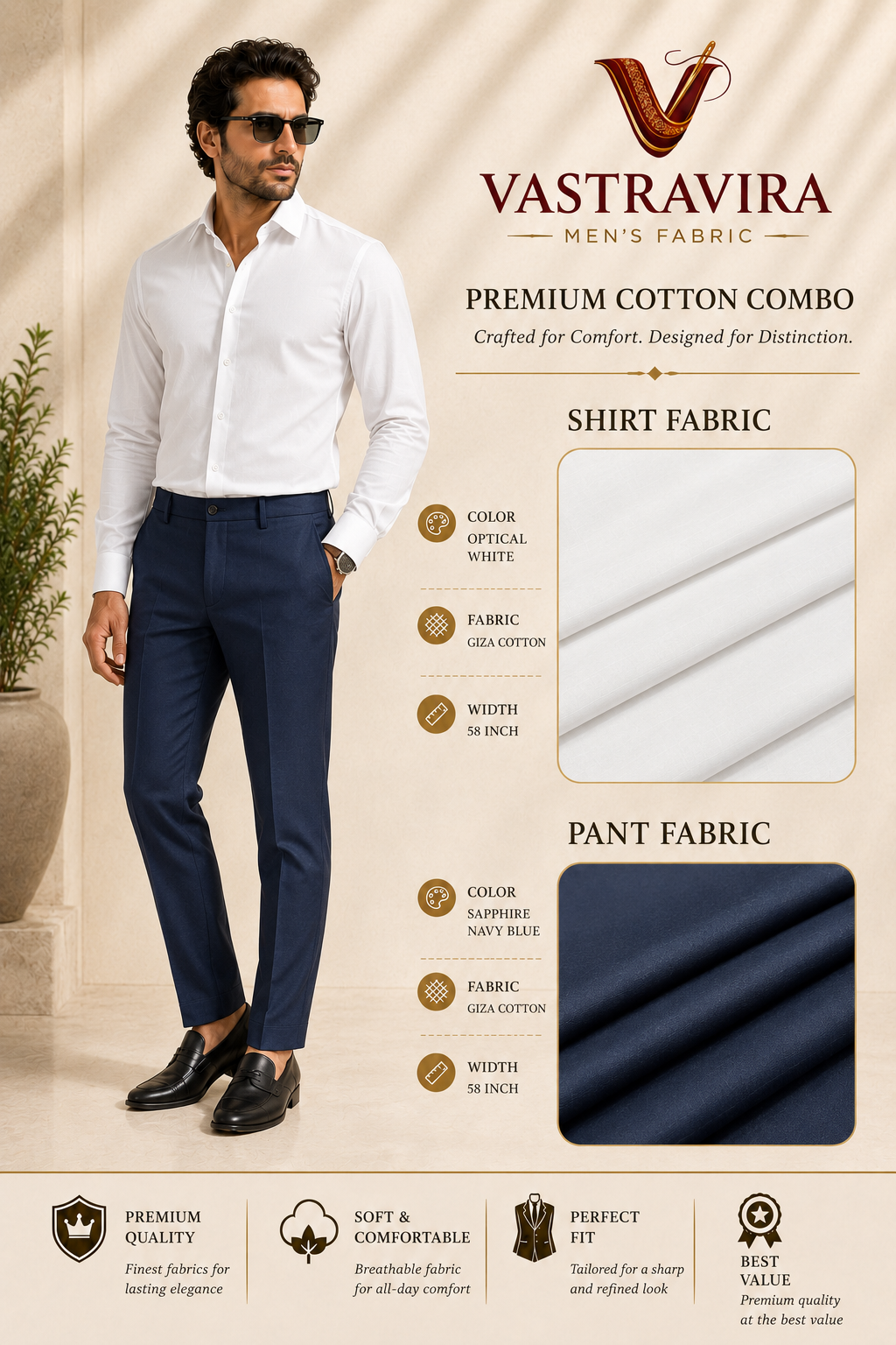Optical White & Sapphire Navy Blue Cotton Combo Fabric