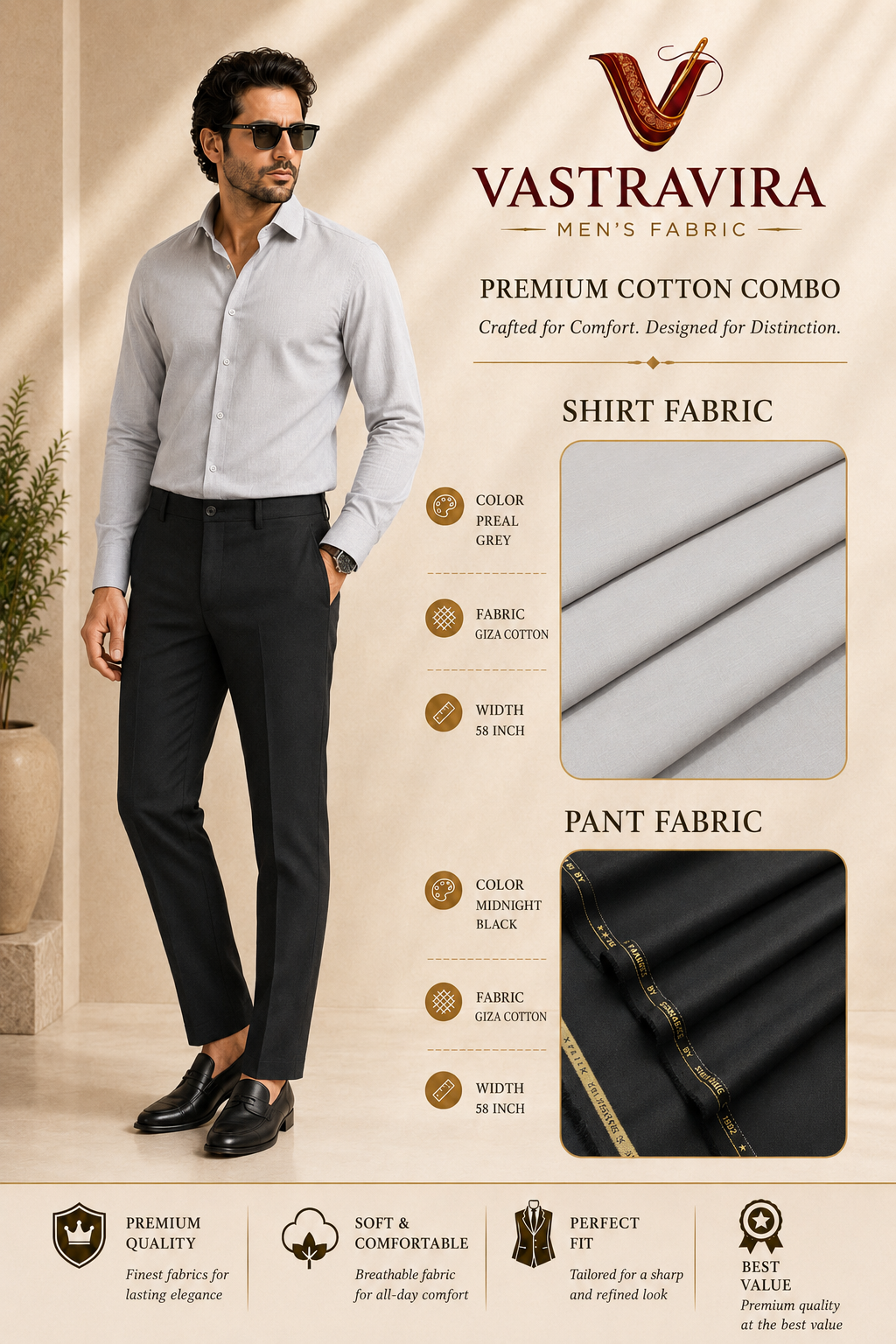 Pearl Grey & Midnight Black Cotton Combo Fabric for Men