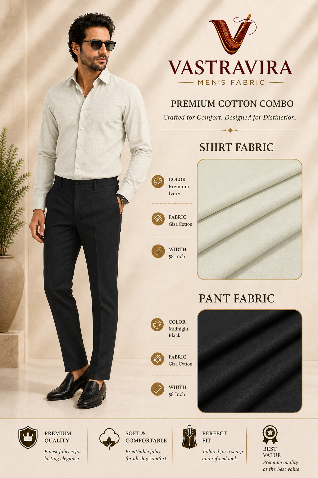 Premium Ivory & Midnight Black Cotton Fabric Combo