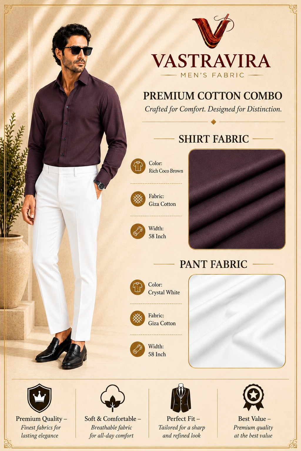 Rich Coco Brown & Crystal White Cotton Fabric Combo