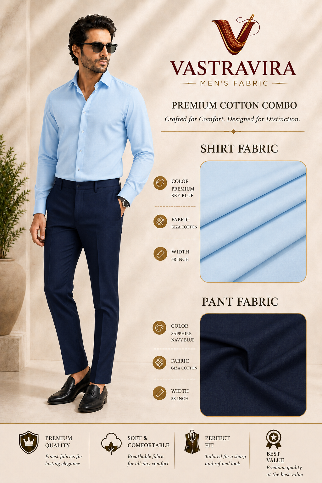 Sky Blue & Sapphire Navy Blue Cotton Fabric Combo