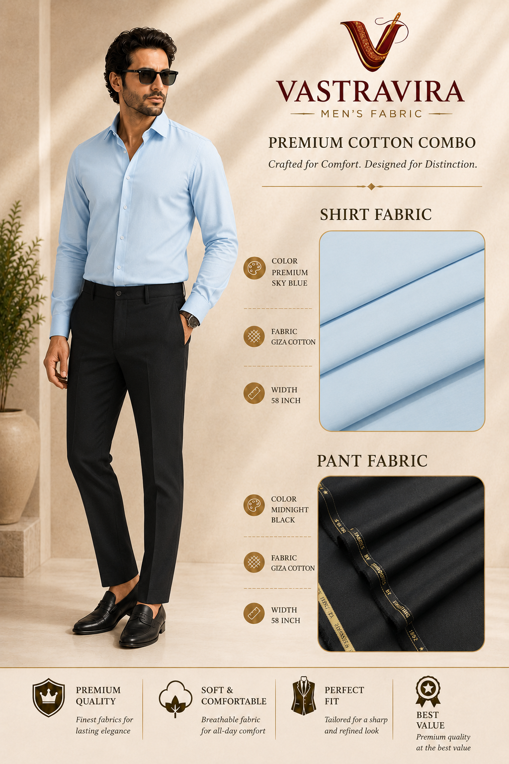 Sky Blue & Midnight Black Cotton Fabric Combo for Men