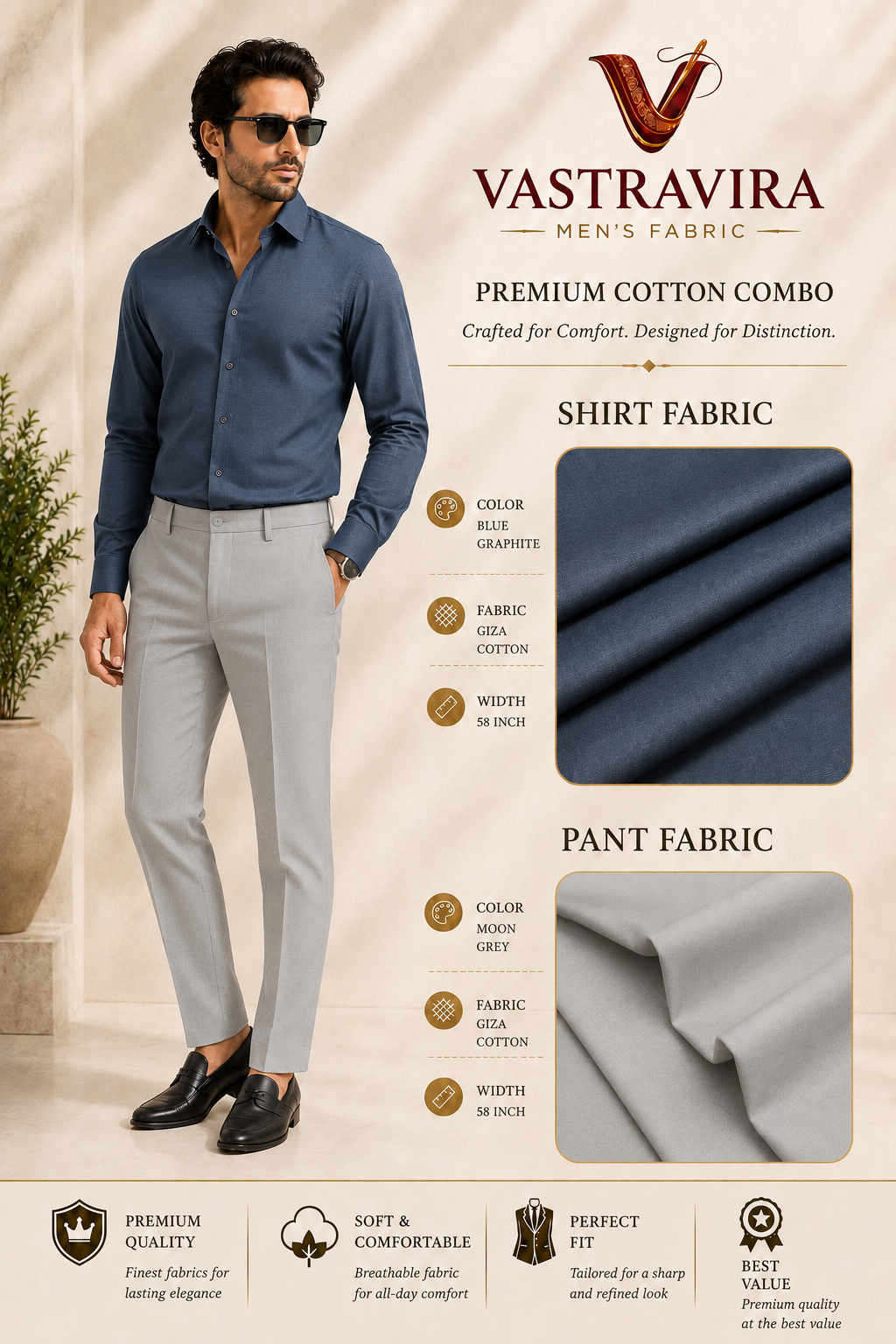 Blue Graphite & Moon Grey Cotton Combo Fabric for Men