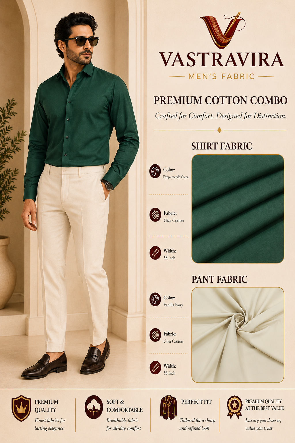 Deep Emerald Green & Vanilla Ivory Cotton Combo Fabric