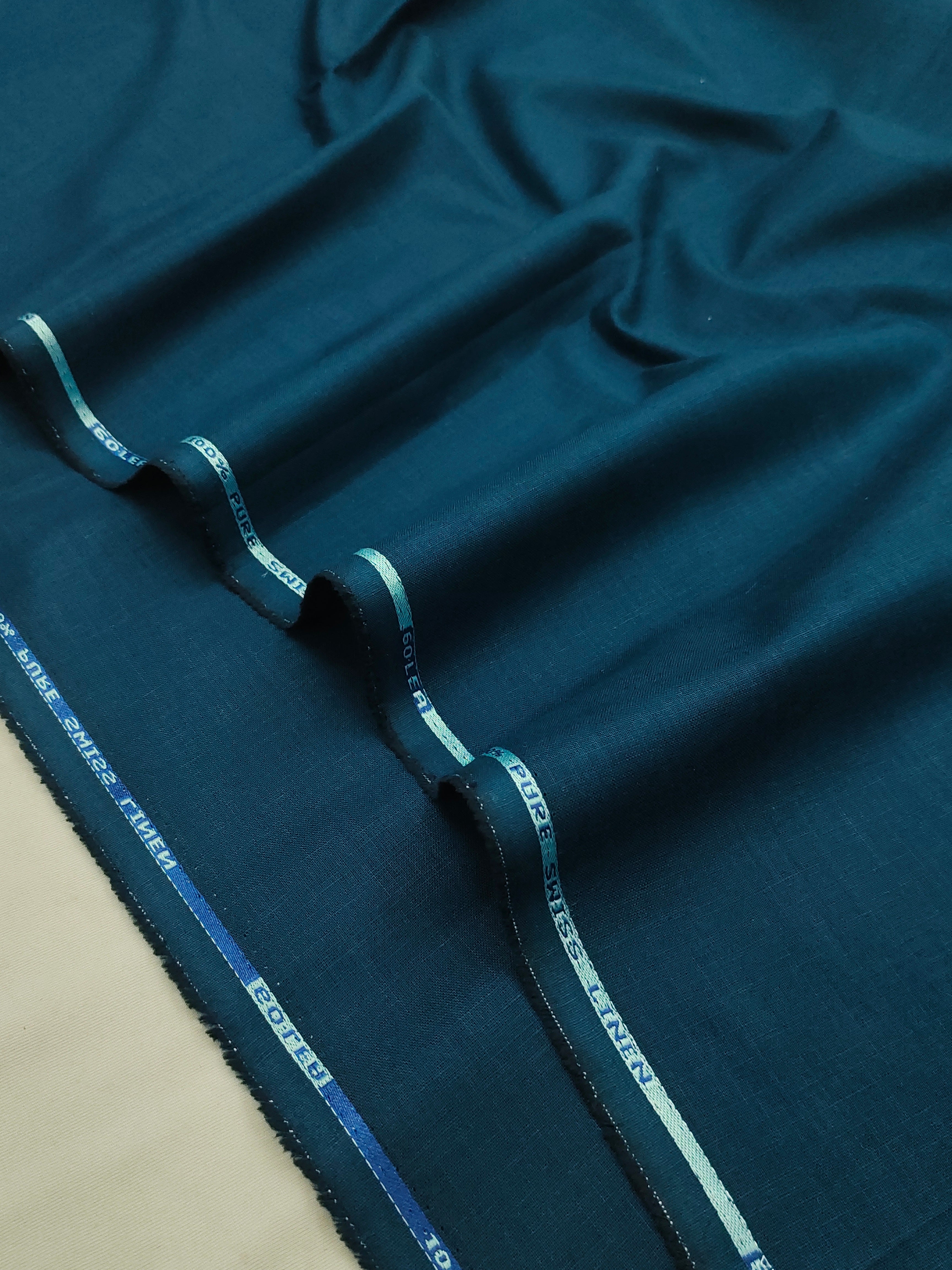 Dark Ocean Blue & Optical White Linen Combo Fabric for Men