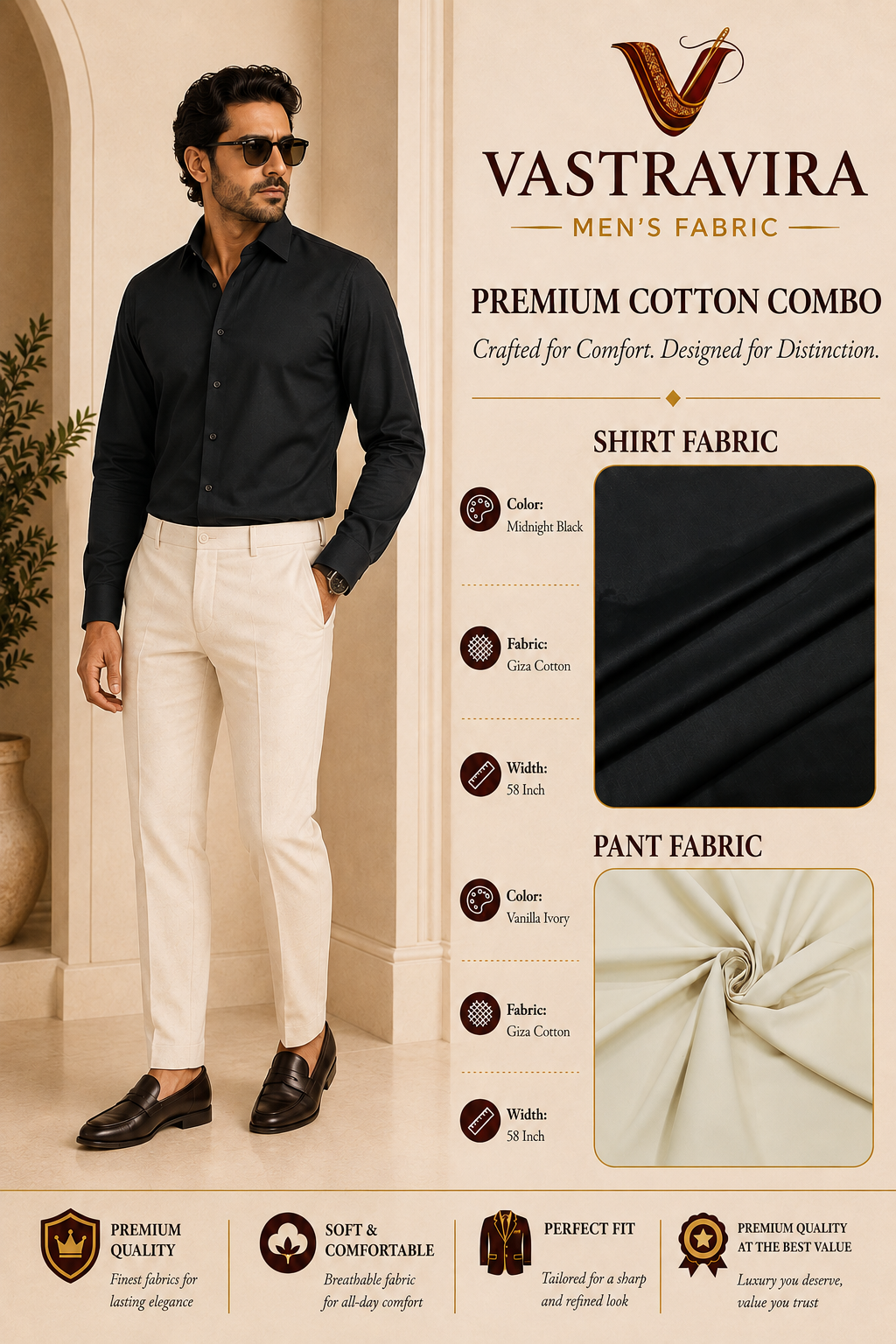 Midnight Black & Vanilla Ivory Cotton Combo Fabric