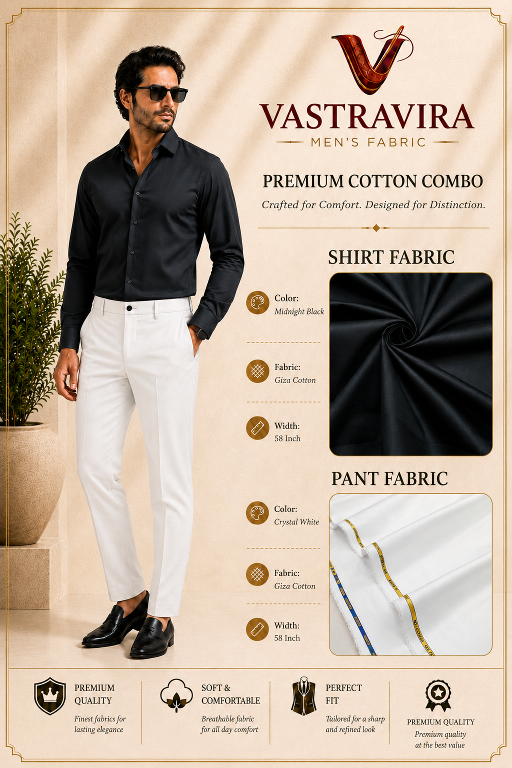Midnight Black & Crystal White Cotton Combo Fabric
