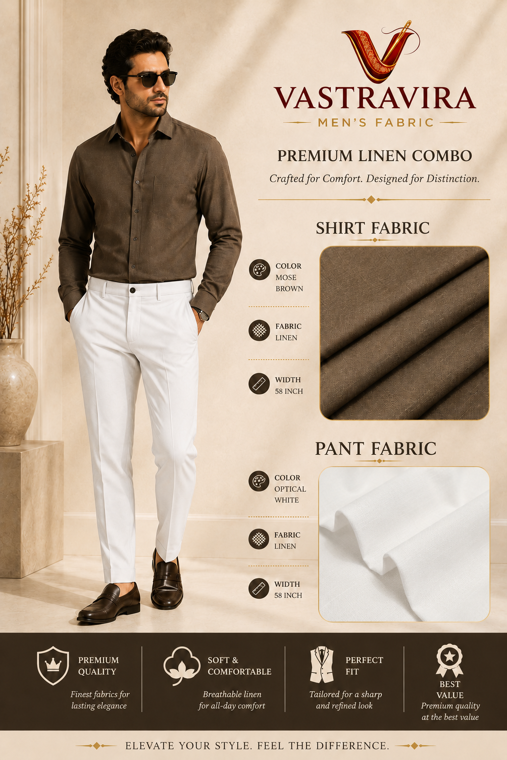 Mose Brown & Optical White Linen Combo Fabric for Men