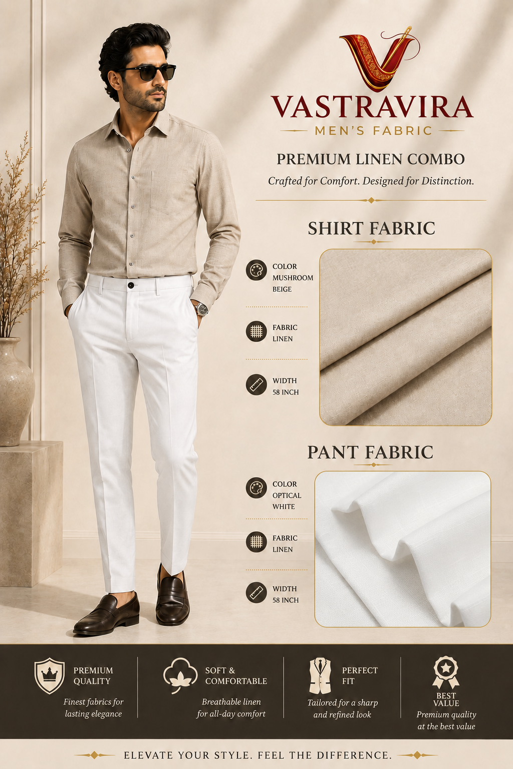 Mushroom Beige & Optical White Linen Combo Fabric for Men