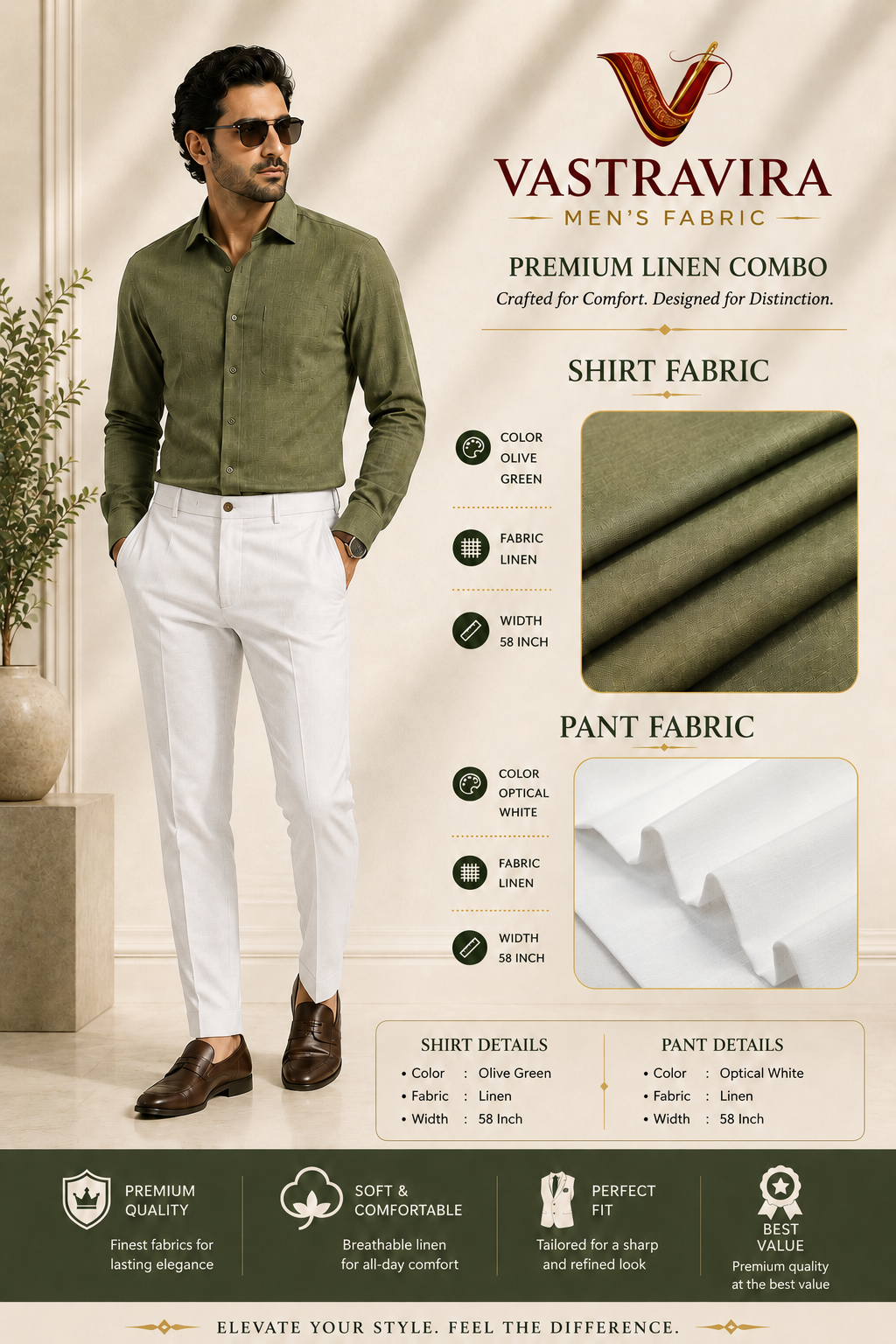 Olive Green & Optical White Linen Combo Fabric for Men