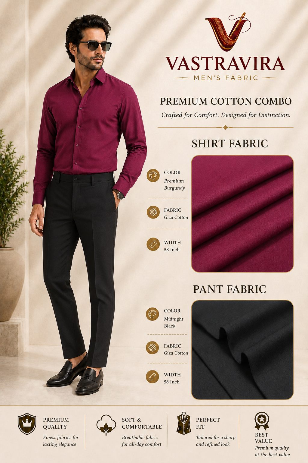 Premium Burgundy & Midnight Black Cotton Combo Fabric for Men