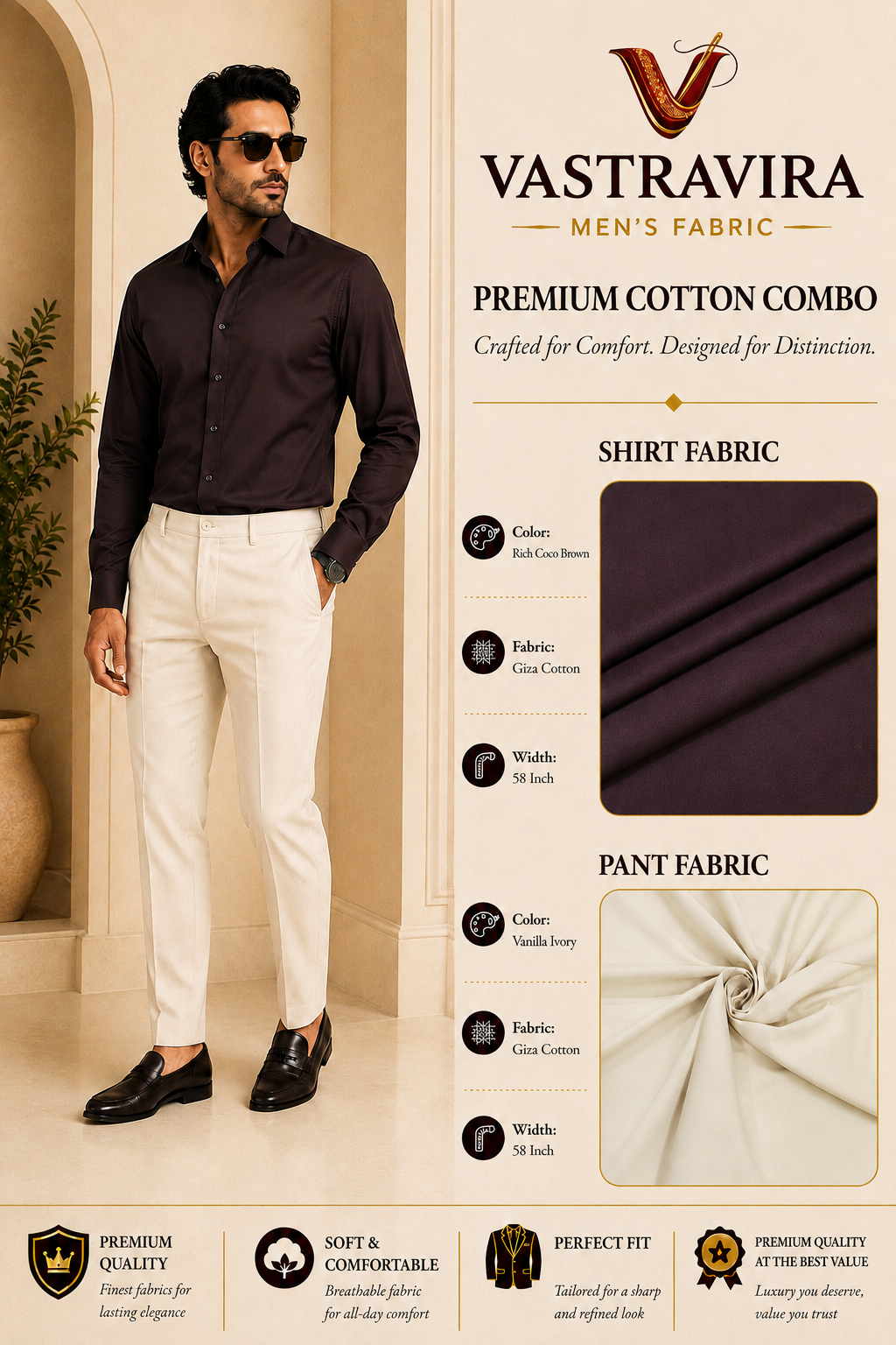 Rich Coco Brown & Vanilla Ivory Cotton Combo Fabric