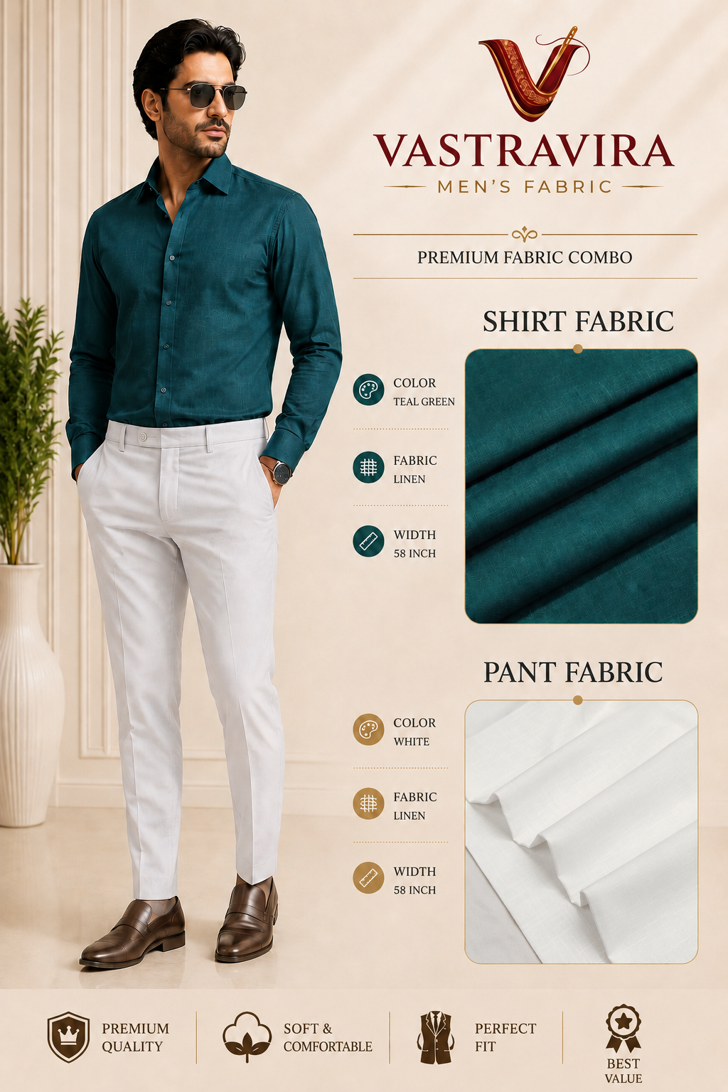 Teal Green & Optical White Linen Combo Fabric for Men