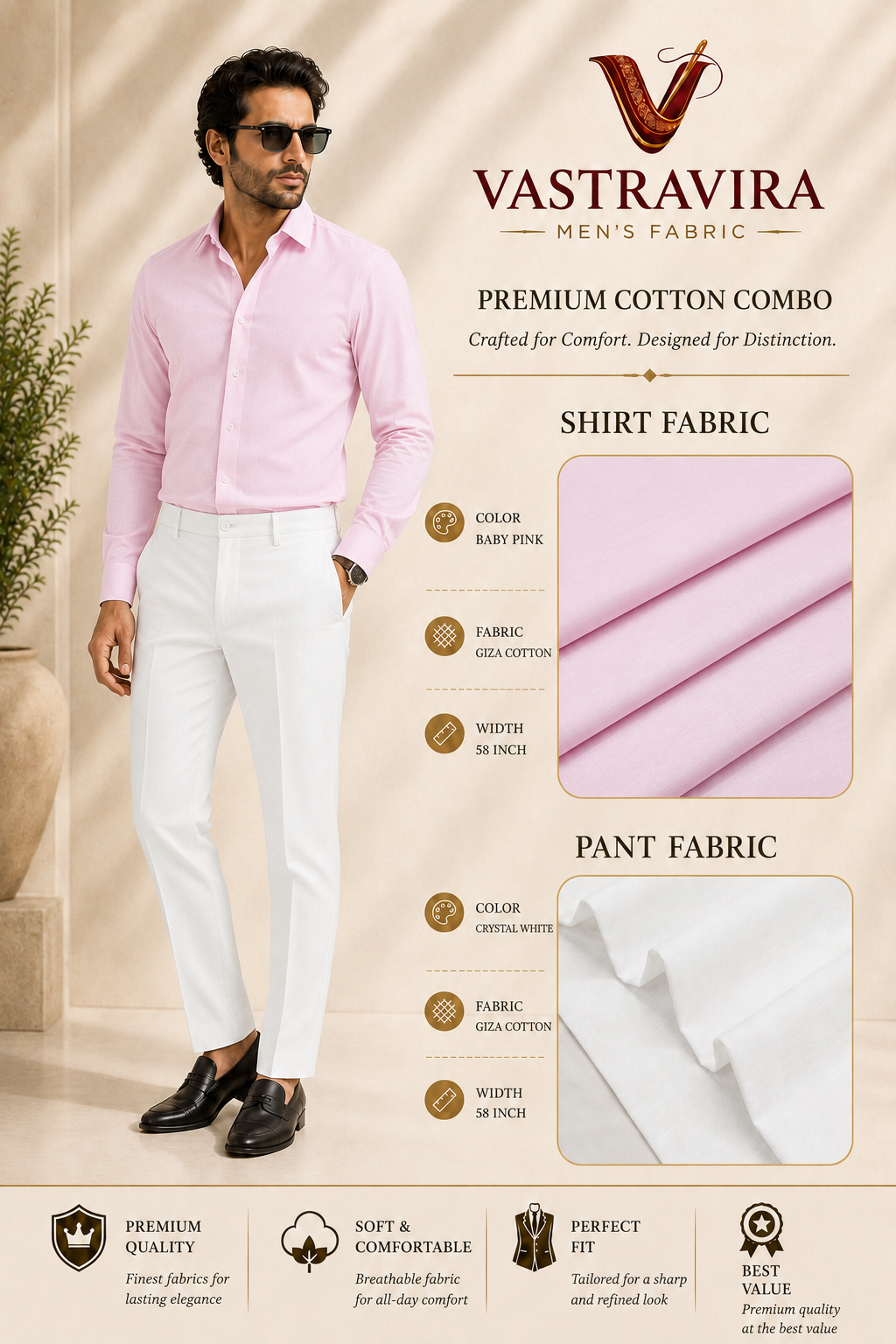Baby Pink & Crystal White Cotton Combo Fabric for Men