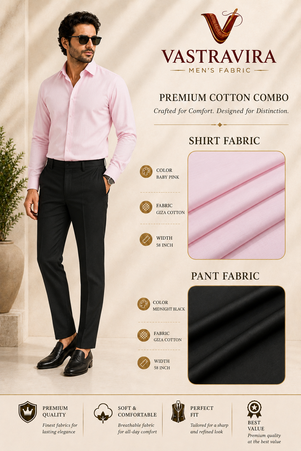 Baby Pink & Midnight Black Cotton Combo Fabric for Men
