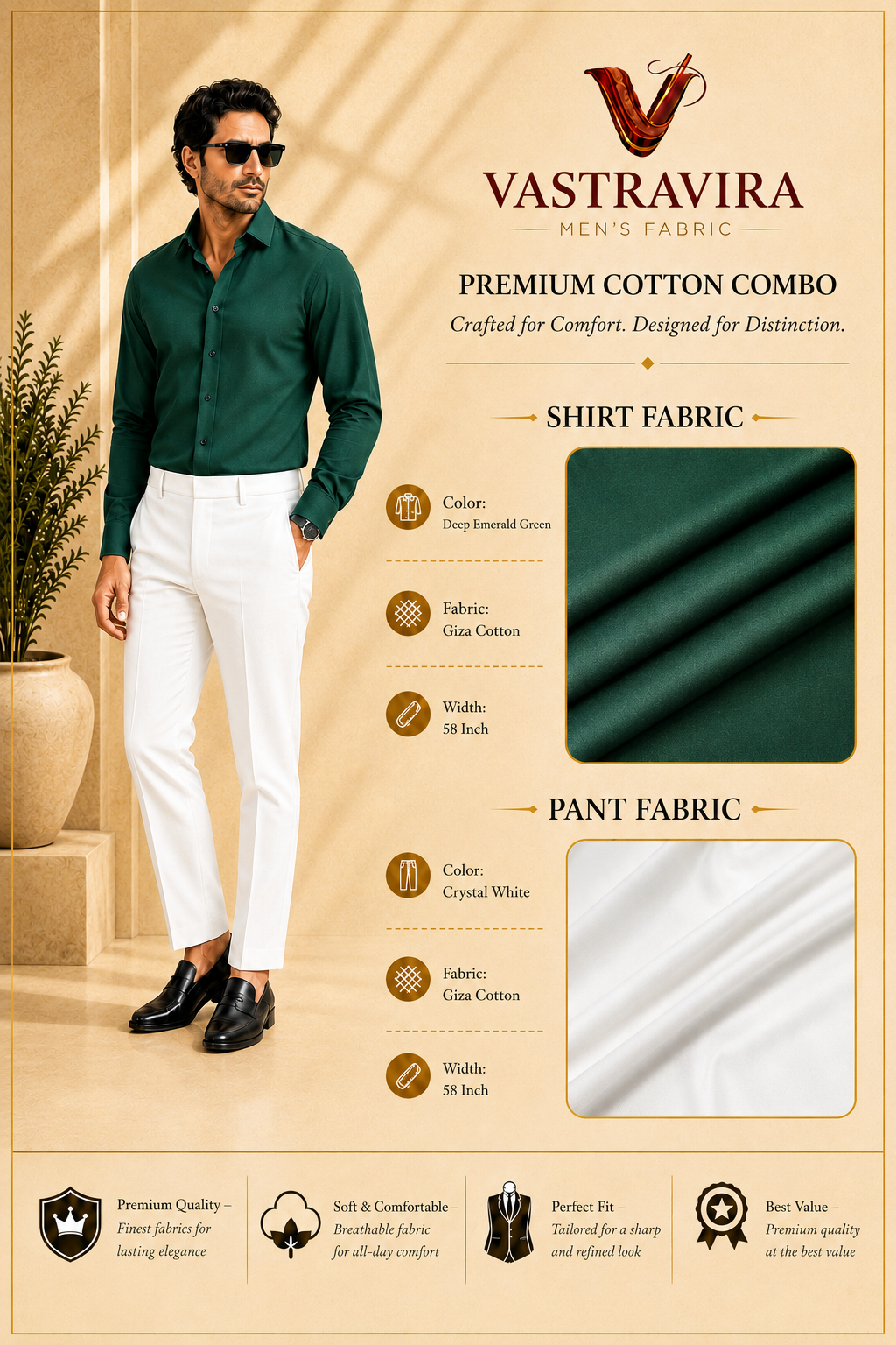 Deep Emerald Green & Crystal White Cotton Combo Fabric