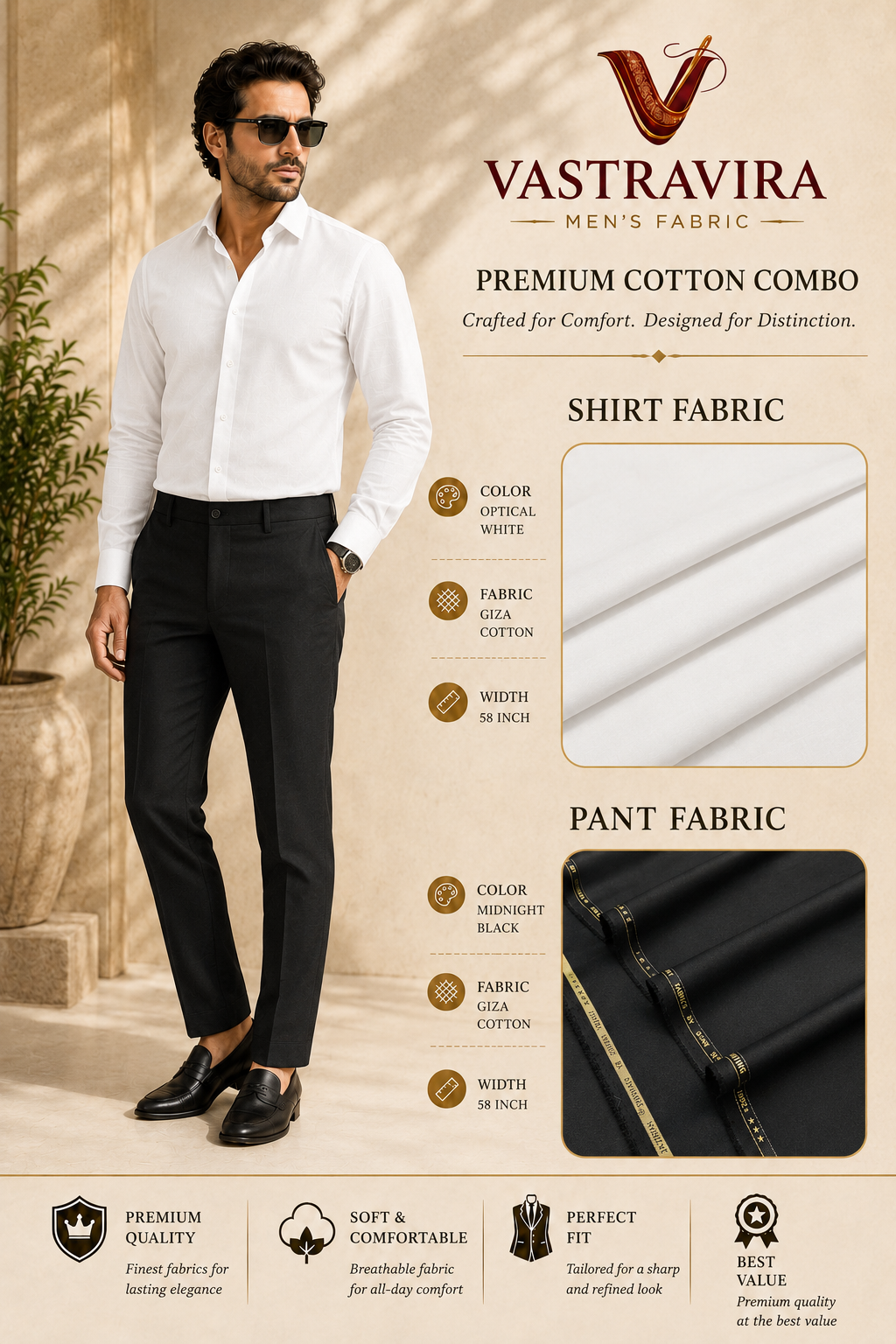 Optical White & Midnight Black Cotton Combo Fabric