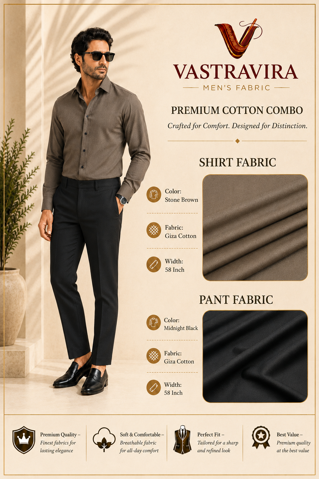 Stone Brown & Midnight Black Cotton Fabric Combo for Men