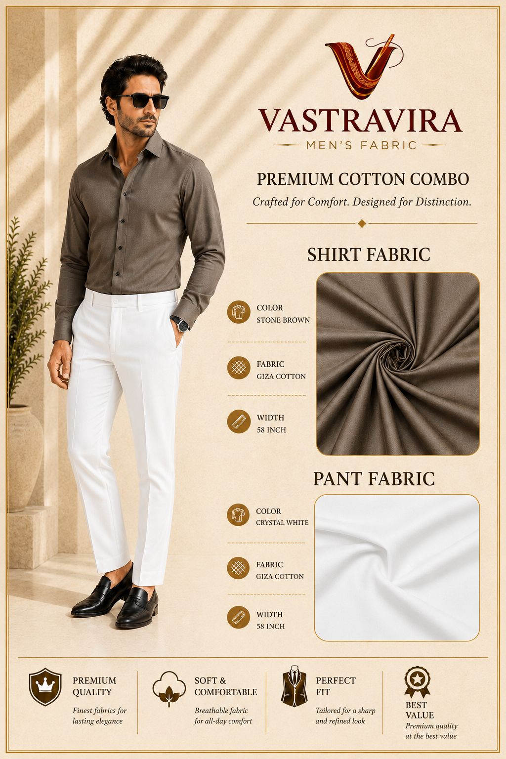 Stone Brown & Crystal White Cotton Fabric Combo for Men